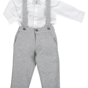 Completo: camicia a body con papillon + pantalone con bretelle in felpa garzata