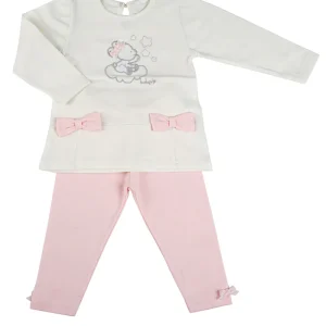 Completo in cotone elasticizzato garzato con ricamo e fiocchi applicati