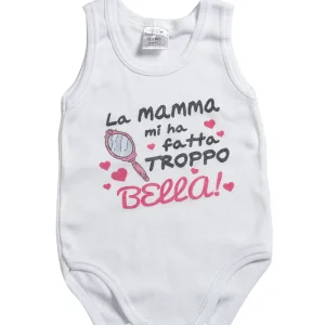 Body spalla larga in cotone con stampa "La mamma mi ha fatto troppo bella!"