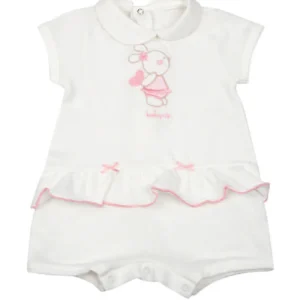 Pagliaccetto in piquet con ricamo orsetto e balza