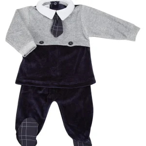 Completo 2 pezzi in ciniglia con cravattino e inserti in felpa pied de poule