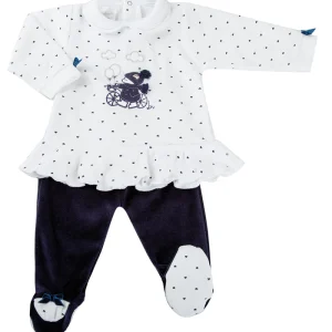 Completo 2 pezzi in ciniglia con stampa cuoricini, ricamo e balza