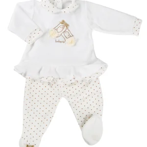 Completo 2 pezzi in ciniglia a pois con ricamo, rouches e nodini in velluto