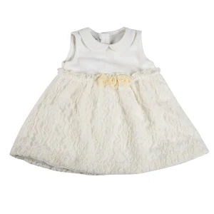 Vestitino smanicato in ciniglia con inserto in pizzo lanoso e roselline applicate