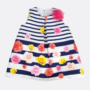 Vestitino a righe e fiori con rosa in tulle e strass