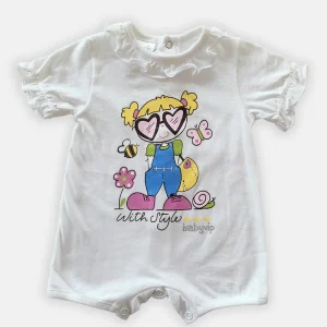 Pagliaccetto mezza manica in cotone con rouches - strass e stampa