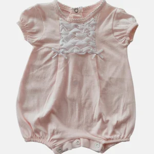 Pagliaccetto mezza manica in cotone con inserto punto smock in tela e pieghette con nodini