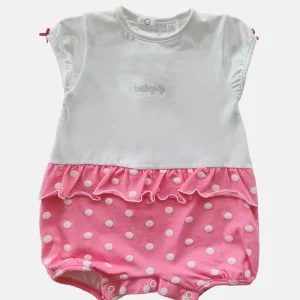 Pagliaccetto mezza manica in cotone elasticizzato con balza a pois e strass