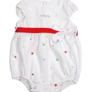 Pagliaccetto spalla larga in cotone con fiocco e strass