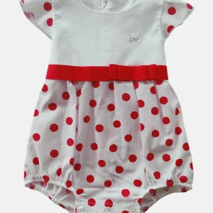 Pagliaccetto mezza manica in cotone fantasia pois con nastro in gros grain e stras