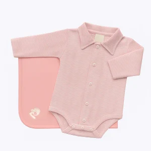 Pacchetto nascita 2 pezzi con body rigato con colletto e copertina in cotone con stampa
