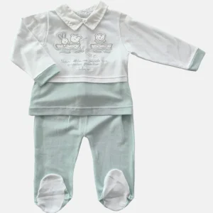 Completo 2 pezzi  in cotone a manica lunga in piquet con ricamo