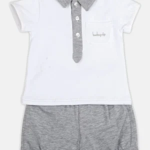 Completo 2 pezzi in cotone elasticizzato con inserti in contrasto e ricamo