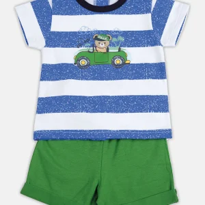 Completo 2 pezzi in cotone elasticizzato rigato con stampa