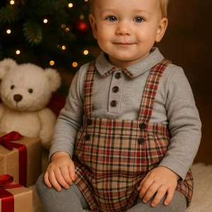 Salopette a pantaloncino in flanella scozzese con bottoni applicati