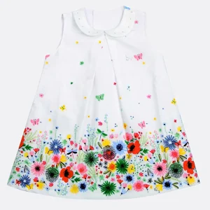 Vestitino smanicato in tela con fantasia floreale con strass sul colletto