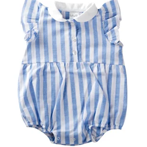 Pagliaccetto in lino rigato con balze. fenda e colletto