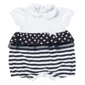 Pagliaccetto con inserti a righe e pois, balza in tulle e nodino