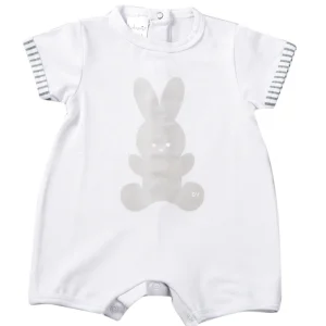 Pagliaccetto con stampa coniglietto e risvolti manica rigati.