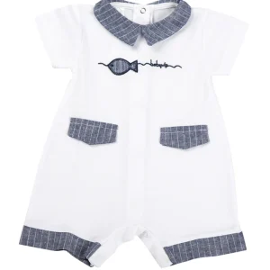 Pagliaccetto con ricamo pesciolino ed inserti in tessuto effetto lino rigato.