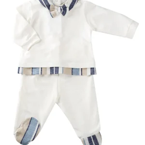 Completo 2 pezzi con inserti in lino rigato e papillon applicato