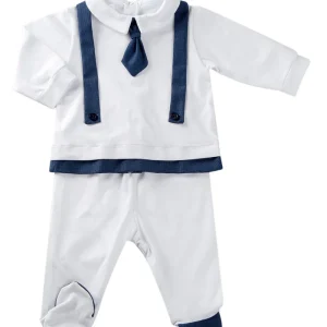 Completo 2 pezzi con inserti, bretelle e cravattino in tela microfantasia