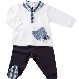 Completo 2 pezzi con inserti in tela fantasia vichy, stampa e applicazione