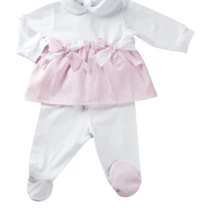 Completo 2 pezzi con inserto tela navetta rigata e fiocchi applicati