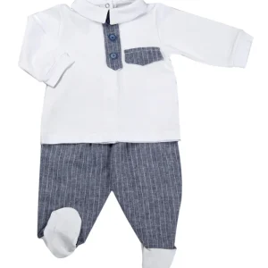 Completo 2 pezzi con inserti in tela effetto lino rigato.