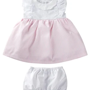 Vestitino in tela sangallo con balze, colletto smerlato ed inserto in tela navetta rigata e mutandina