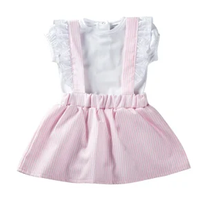 Vestitino con bretelle in tela navetta rigata con balze in tela sangallo e body