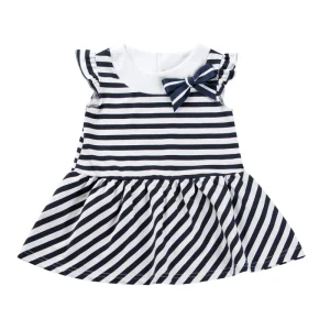 Vestitino con balza sul fondo, alette arricciate e fiocco rigato