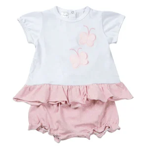 Completo 2 pezzi con ricamo farfalle e inserti a pois