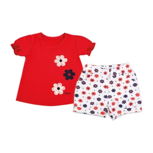 Completo 2 pezzi: t-shirt m/m con ricamo e pantaloncino elasticizzato fantasia floreale.