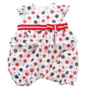 Pagliaccetto fantasia floreale con nastro, fiocco e balza arricciata.