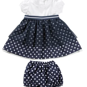 Vestitino con inserto a pois, balza in tulle, nastro rigato e mutandina a pois