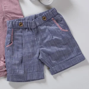 Bermuda in tela di cotone effetto jeans con tasche profili rigati e risvolti