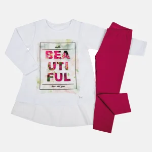 Completo 2 pezzi : T-shirt manica lunga in cotone elasticizzato con stampa e strass + leggings in contrasto