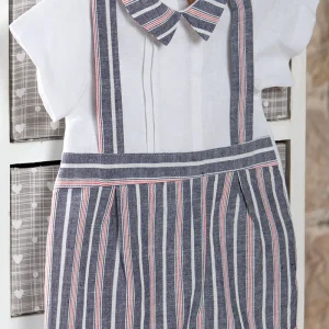 Pagliaccetto in tela di cotone con inserti e bretelle applicate in tessuto effetto lino rigato