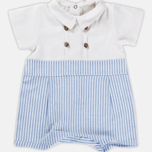 Pagliaccetto in tessuto effetto lino con pieghe, bottoni e inserti rigati