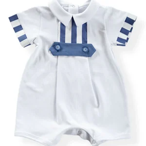 Pagliaccetto mezza manica in cotone elasticizzato con inserti in tela rigati, pattina e bottoni in contrasto