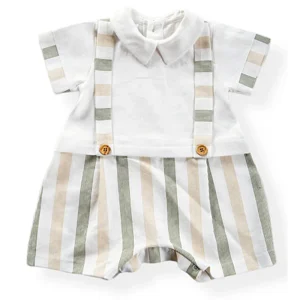 Pagliaccetto in tessuto effetto lino con bretelle e inserti rigati + bottoni in contrasto effetto legno