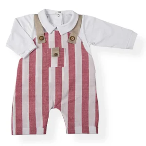 Tutina in cotone elasticizzato con finta salopette in tela effetto lino rigato con taschino e bretelle in juta