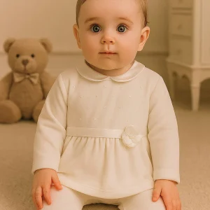 Completo 2 pezzi in ciniglia con inserto in tulle ricamato a pois - colletto e nastro in raso e fiocco