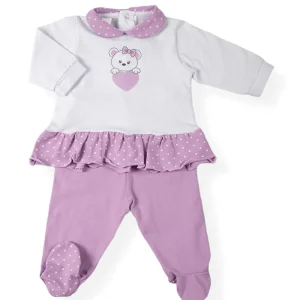 Completo 2 pezzi in cotone elasticizzato con stampa inserto in contrasto e balza arricciata fantasia pois