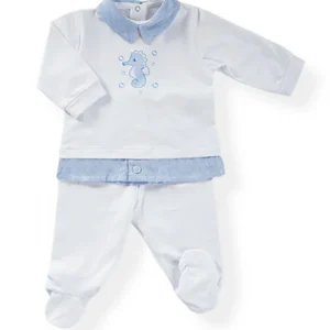 Completo 2 pezzi in cotone elasticizzato con stampa ed inserti in tessuto effetto lino