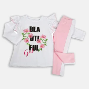 Completo 2 pezzi : T-shirt manica lunga in cotone elasticizzato con stampa + pantalone con fasce laterali