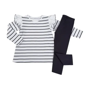 Completo manica lunga in cotone elasticizzato rigato con leggings in contrasto