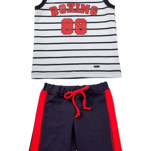 Completo in cotone elasticizzato rigato con stampa e pantaloncino con bande laterali