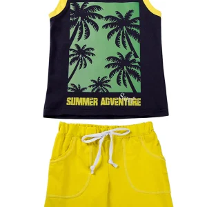 Completo in cotone elasticizzato rigato con stampa e pantaloncino con bande laterali